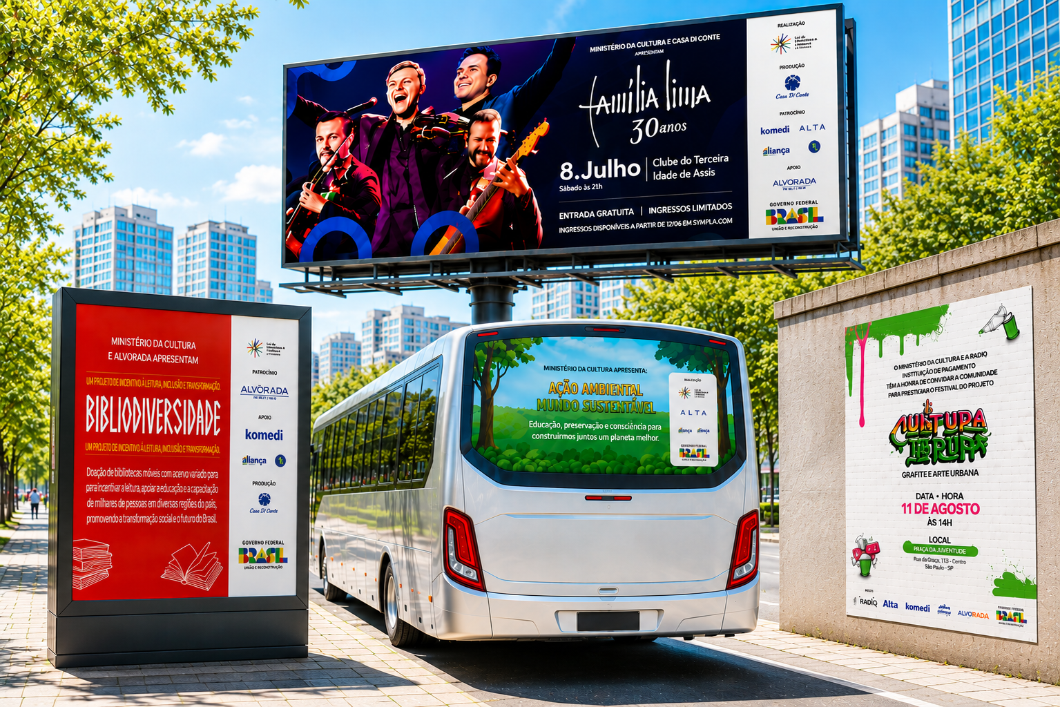 Exemplos de divulgação de projetos culturais incentivados: outdoor, cartaz, mupi e busdoor com as marcas dos apoiadores