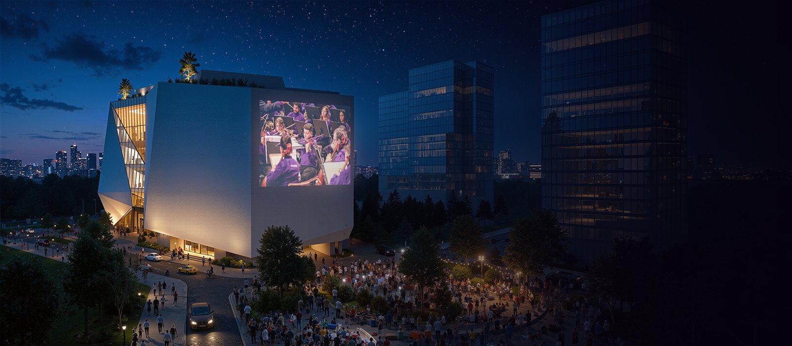 Vista noturna da futura sede do Musicarium com projeção de orquestra na fachada